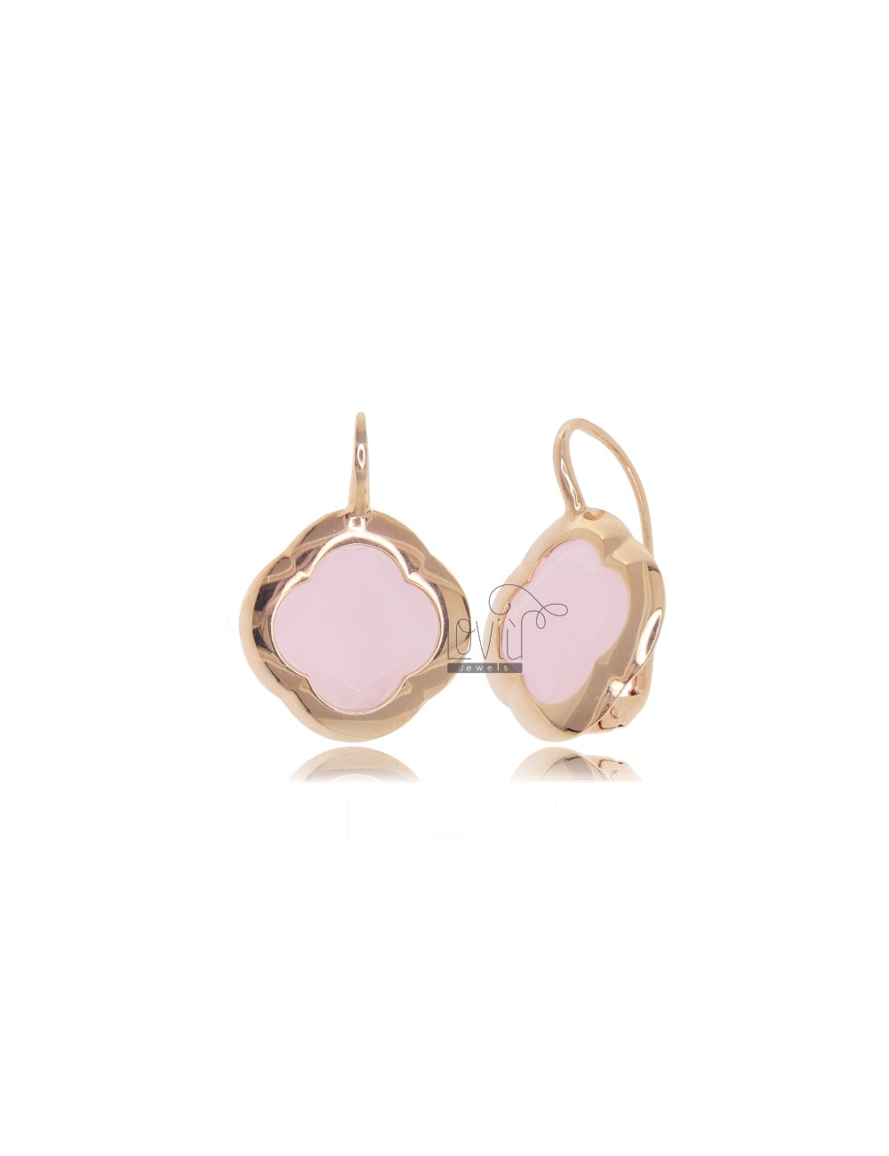 Orecchini a monachella fiore 4 punte con pietra idrotermale rosa perla 11p  in argento placcato oro rosa tit 925‰